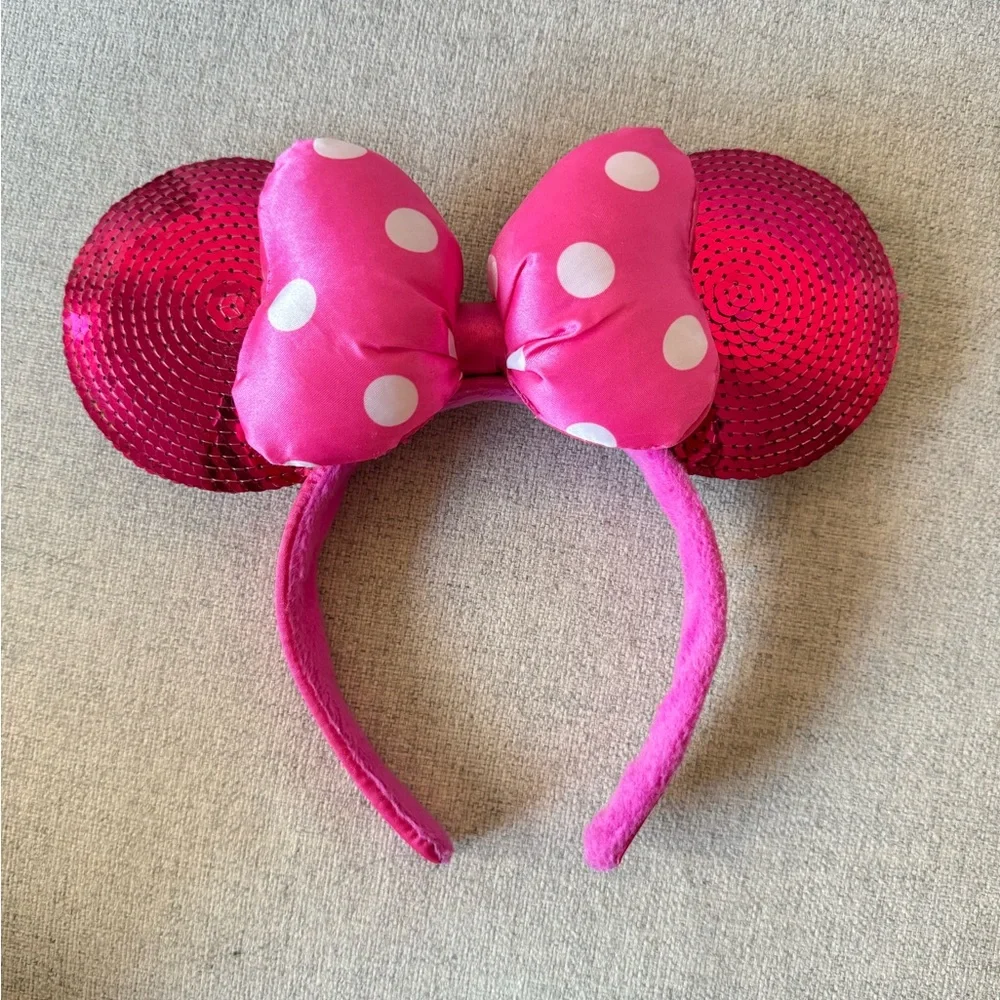 Minnie Mouse Hot Pink Sequin Ears with Polka Dot Bow Headband, Adult OS